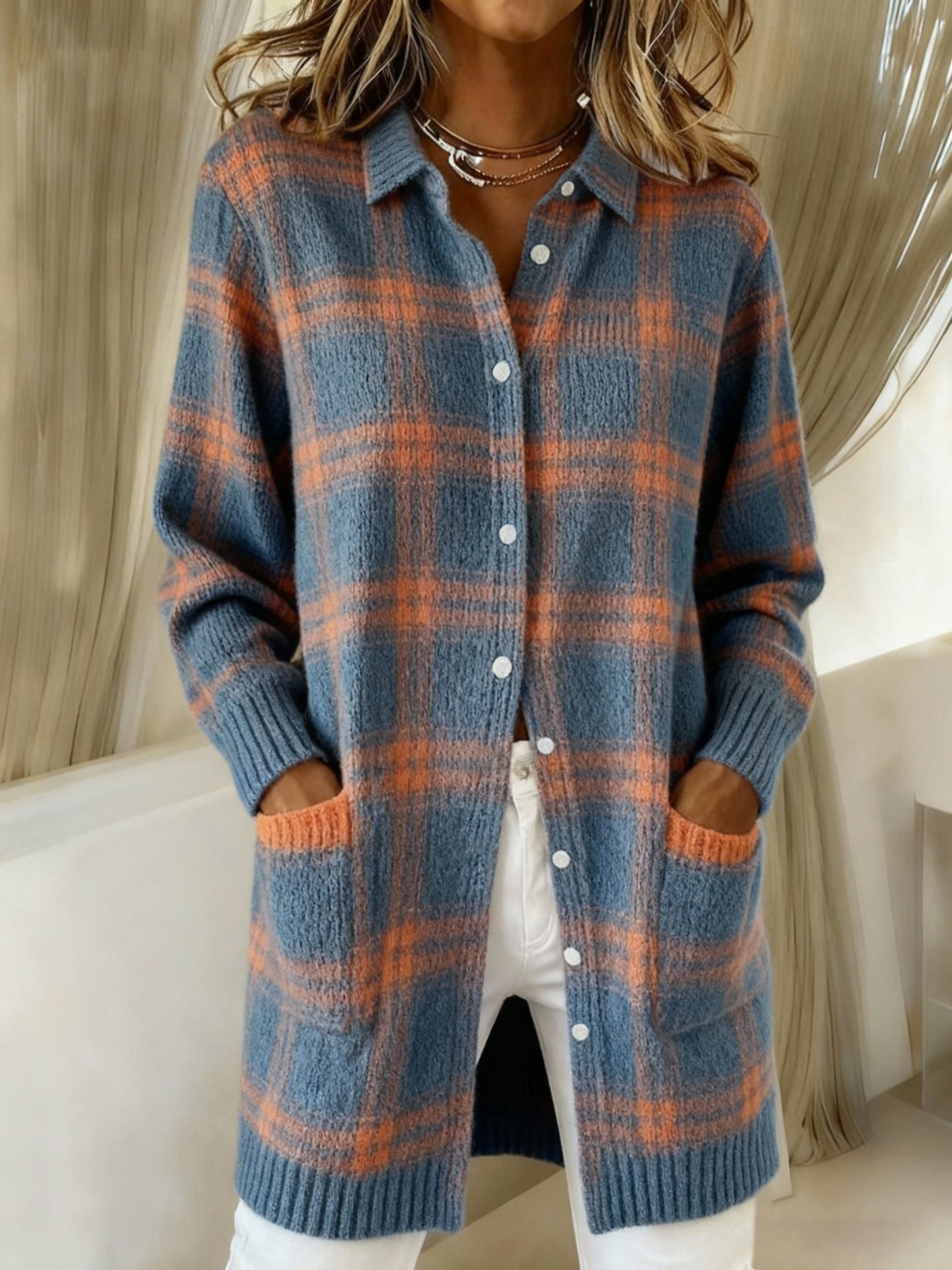 Women's Plaid Print Casual Cotton Buttoned Cardigan Sweater