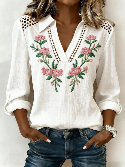 Women's Casual Collared Hollow-Out Printed Cotton Linen Top