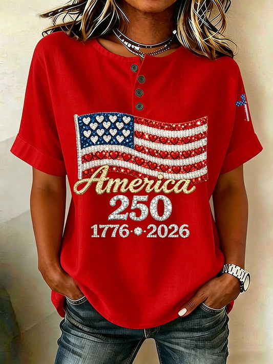 Women'S Casual America Flag Print Cotton Linen Button-Down Shirt