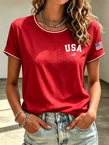 Ladies' Casual USA Commemorative Round Neck Short Sleeved T-Shirt
