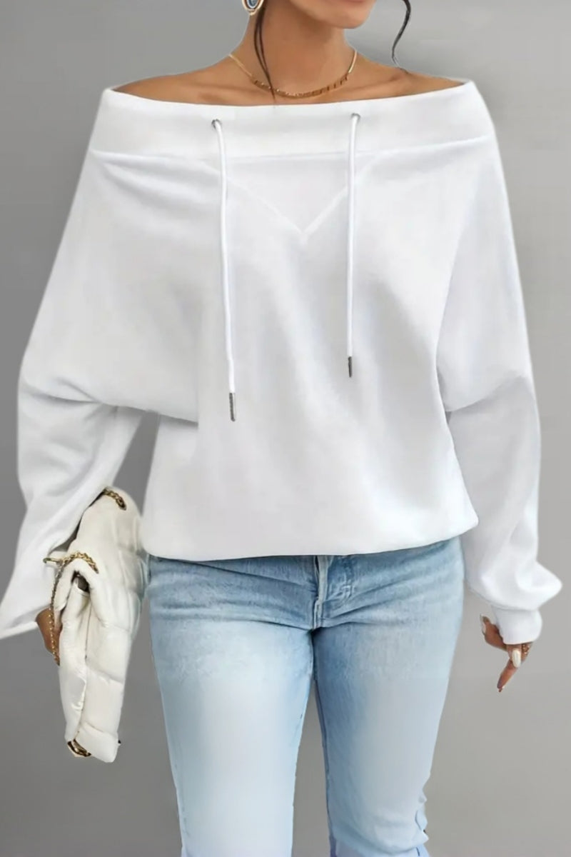 Women's Casual Off Shoulder Drawstring Batwing Sleeve Sweatshirt