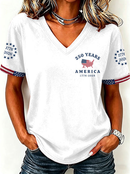 Women'S America Flag  Print Casual V-Neck T-Shirt