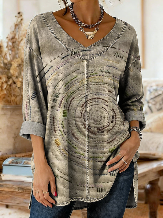 Women's Retro Art Print Casual V-neck Washed Cotton Denim Top