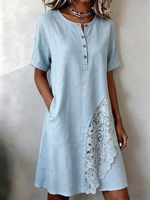 Women'S Casual Solid-Color Dress With Lace Splicing