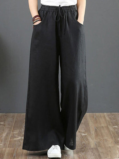 Women's cotton linen high waist mopping pants straight trousers casual pants wide leg pants