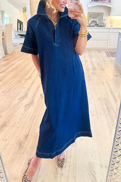 Casual Denim Pocket Midi Dress