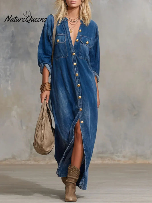 Women's Cardigan-style Collarlong-sleeved Casual Loose Denim Dress.