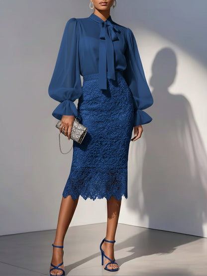 Elegant Chiffon Blouse And Lace Skirt Two-piece Set