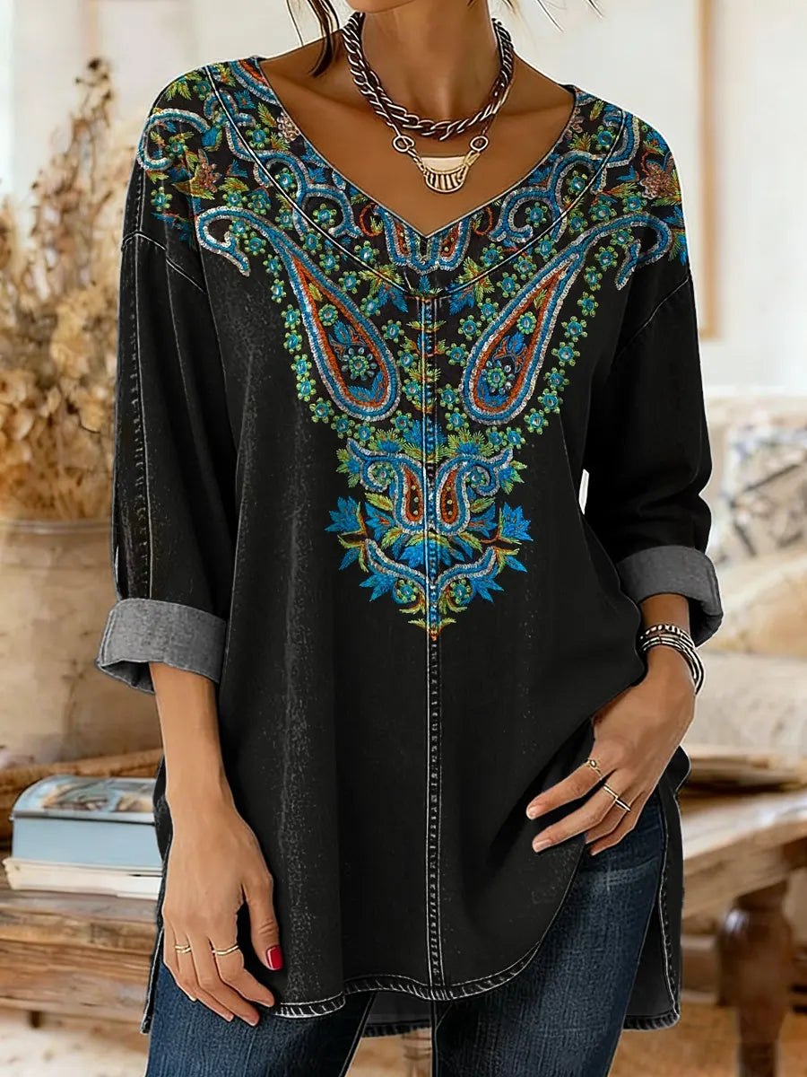 Ethnicity Totem Paisley Women's Art Print Casual Washed Denim Cotton Top