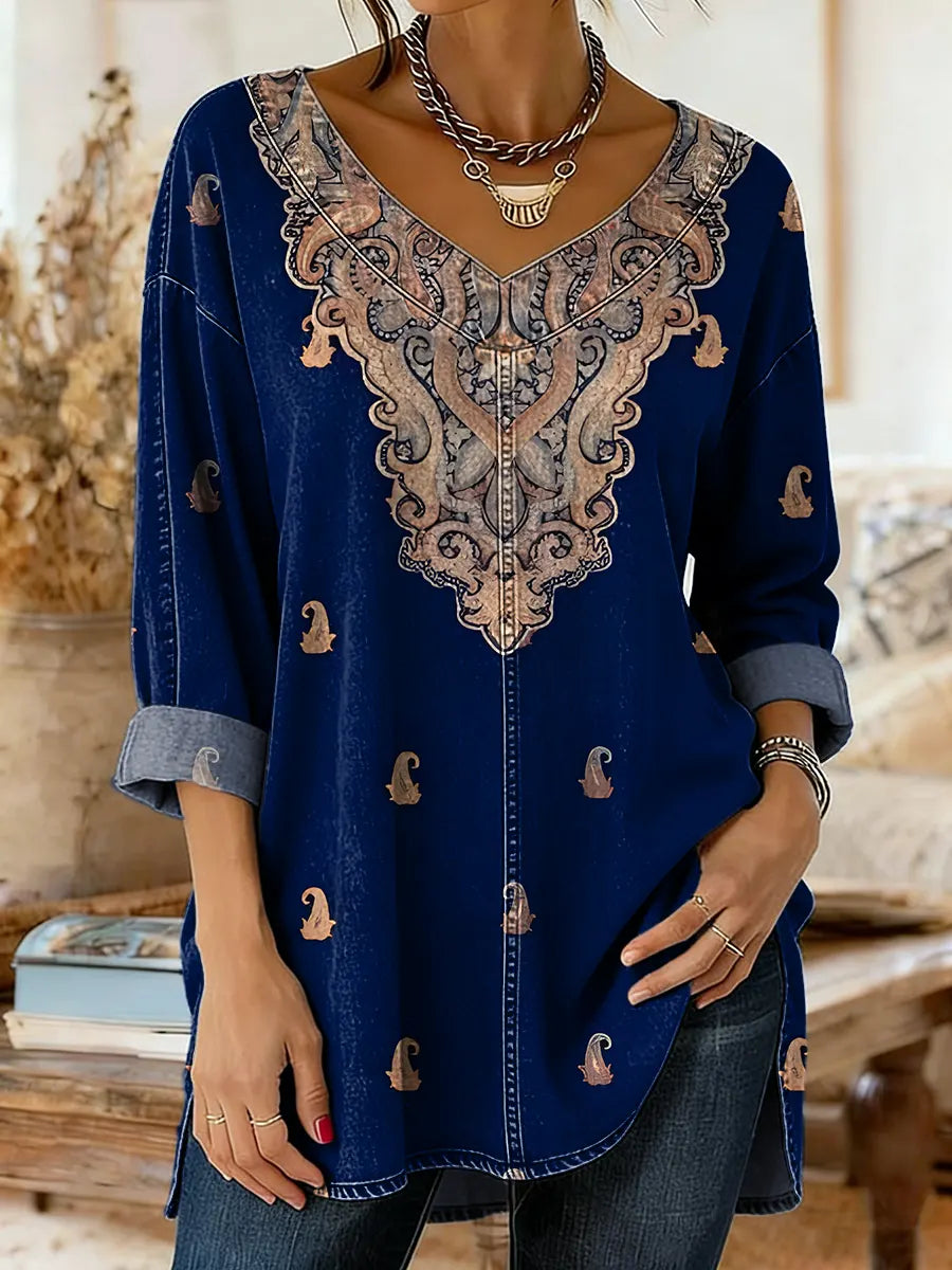 Ethnicity Geometry Totem Paisley Women's Art Print Casual Washed Denim Cotton Top