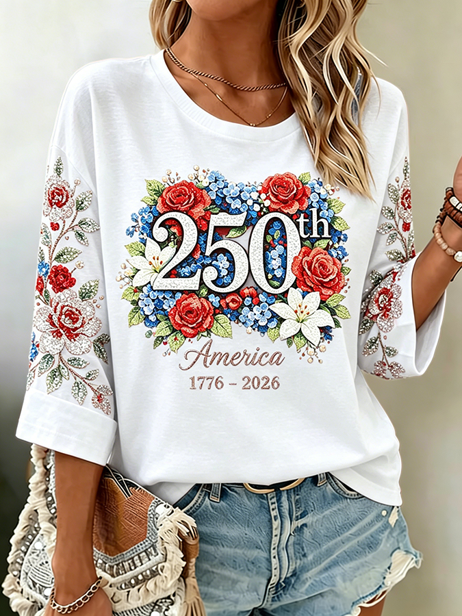 Women's America 250th Floral Glitter Print Casual Top