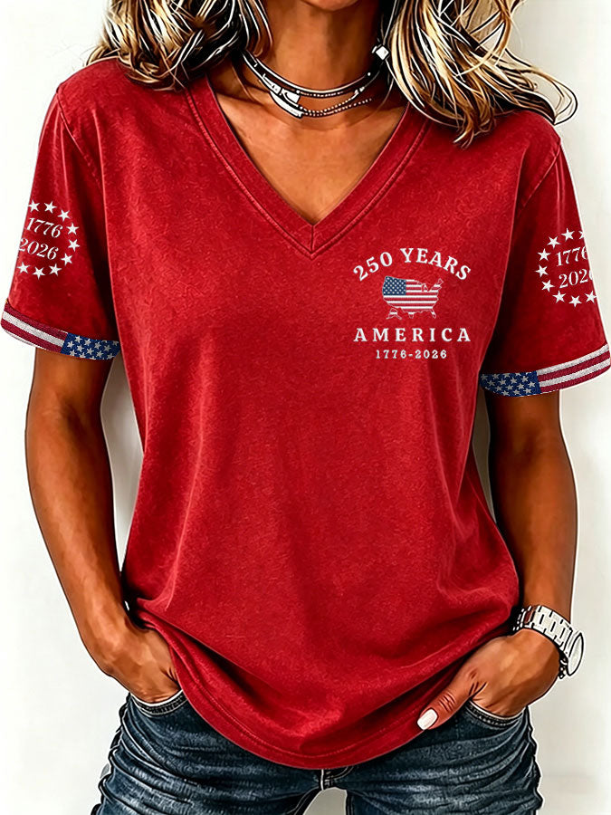 Women'S America Flag  Print Casual V-Neck T-Shirt