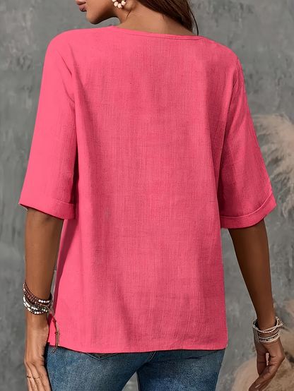 Women'S Button Casual Half Sleeve Solid Color Round Neck Top