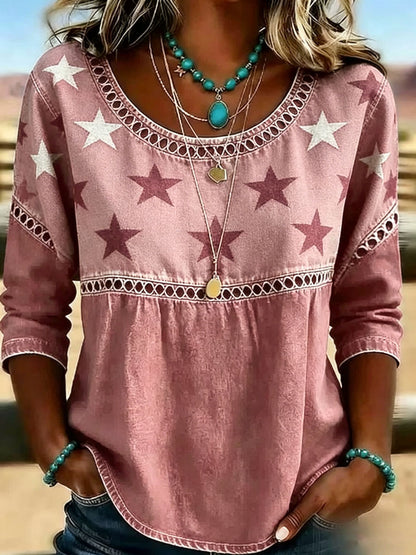 Women's Casual Round-Neck Printed Cotton-Linen Top