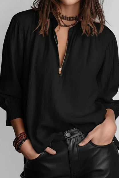 Women's Casual Solid Half Zip Stand Collar Long Sleeve Blouse