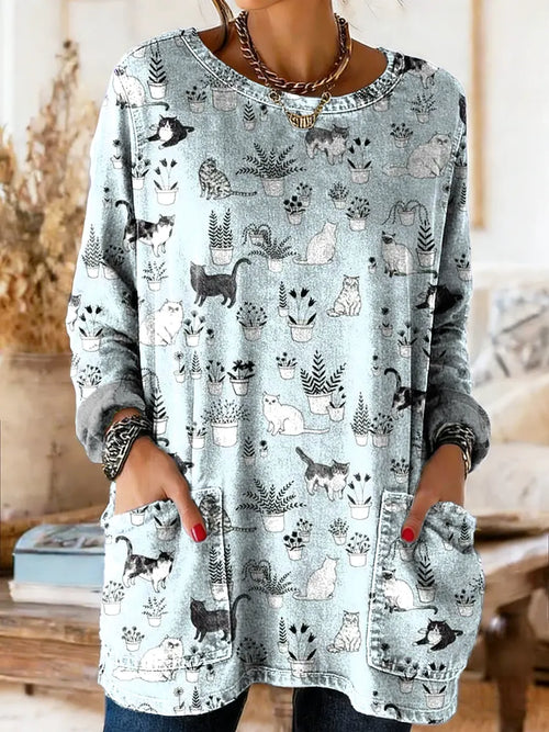 Women's Vintage Cute Blue Cat Floral Art Print Casual Round Neck Pocket Denim Shirt