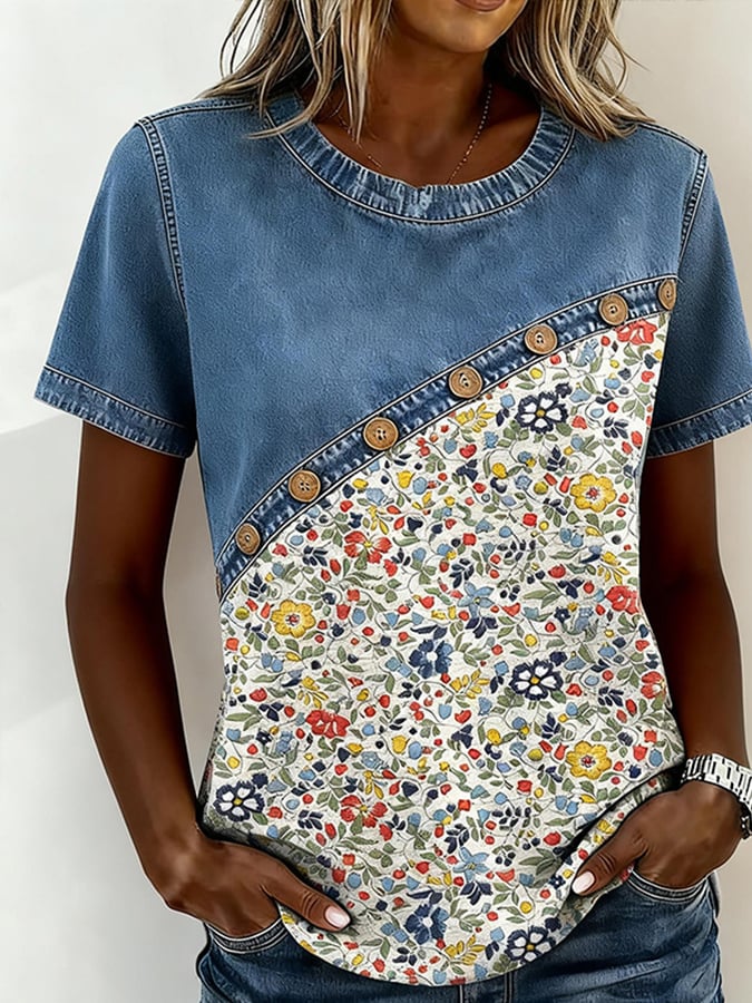 Women's Casual Color-Blocked Print Denim Patchwork Top