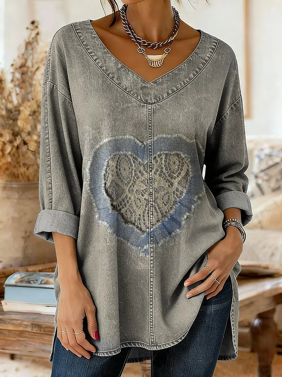 Women's Vintage Textured Heart Art Print Casual Washed Denim Cotton Top