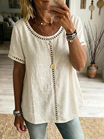 Women's Casual Solid Color Cotton Linen Hollow-Out Top
