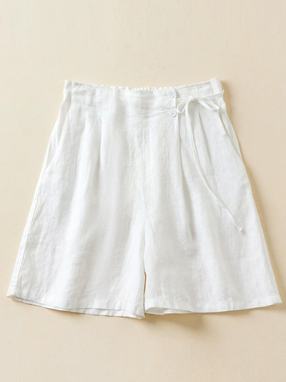 Women's Semi-elastic High Waist Solid Color Casual Cotton and Linen Wide Leg Shorts