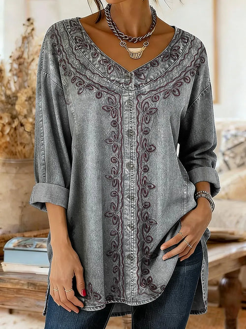Ethnicity Flowers Geometry Texture Women's Art Print Casual Washed Denim Cotton Top