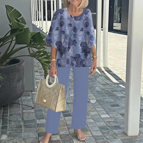 Women's Round Neck Mid-Sleeve Top With Floral Print Pants Set Two-Piece