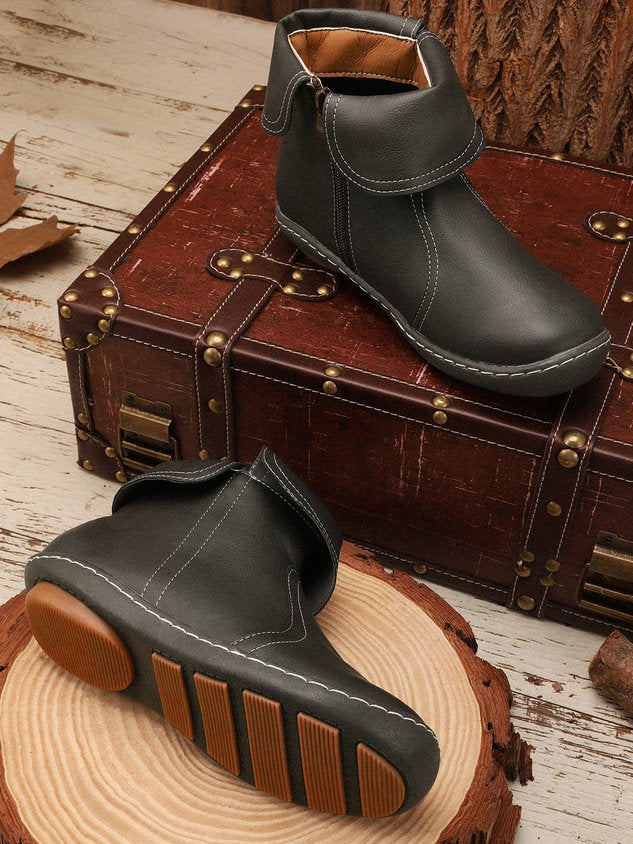 Women Hemmed Zip Casual Plain Round Toe Short Boots With Flat Heel