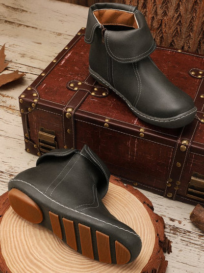 Women Hemmed Zip Casual Plain Round Toe Short Boots With Flat Heel