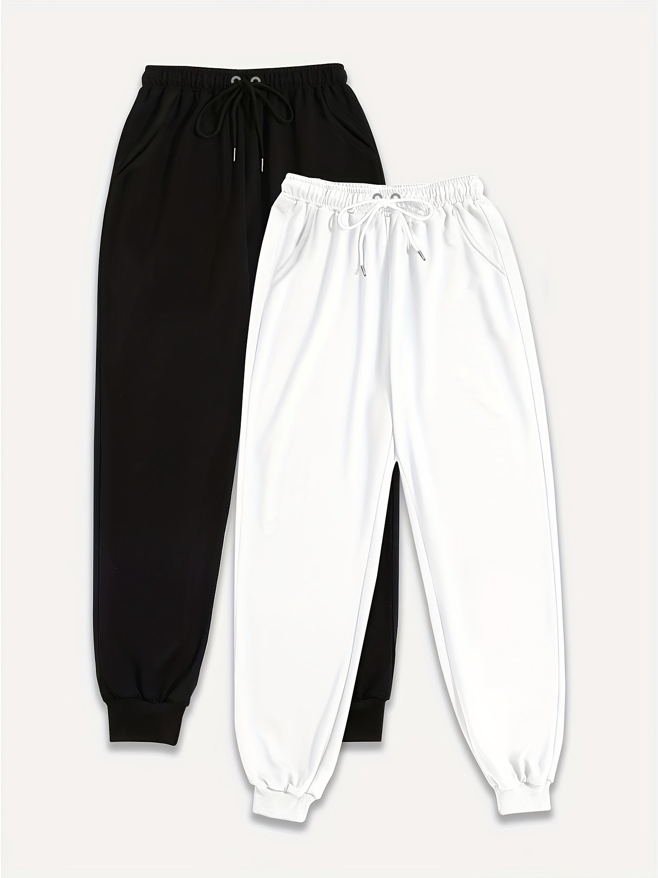 Two Pack Pants, Solid Drawstring High Waisted Sweatpants, Casual Every Day Pants, Women's Clothing