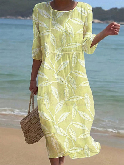 Women's Casual Solid Color Round Neck Mid Sleeve Print Cotton and Linen Dress