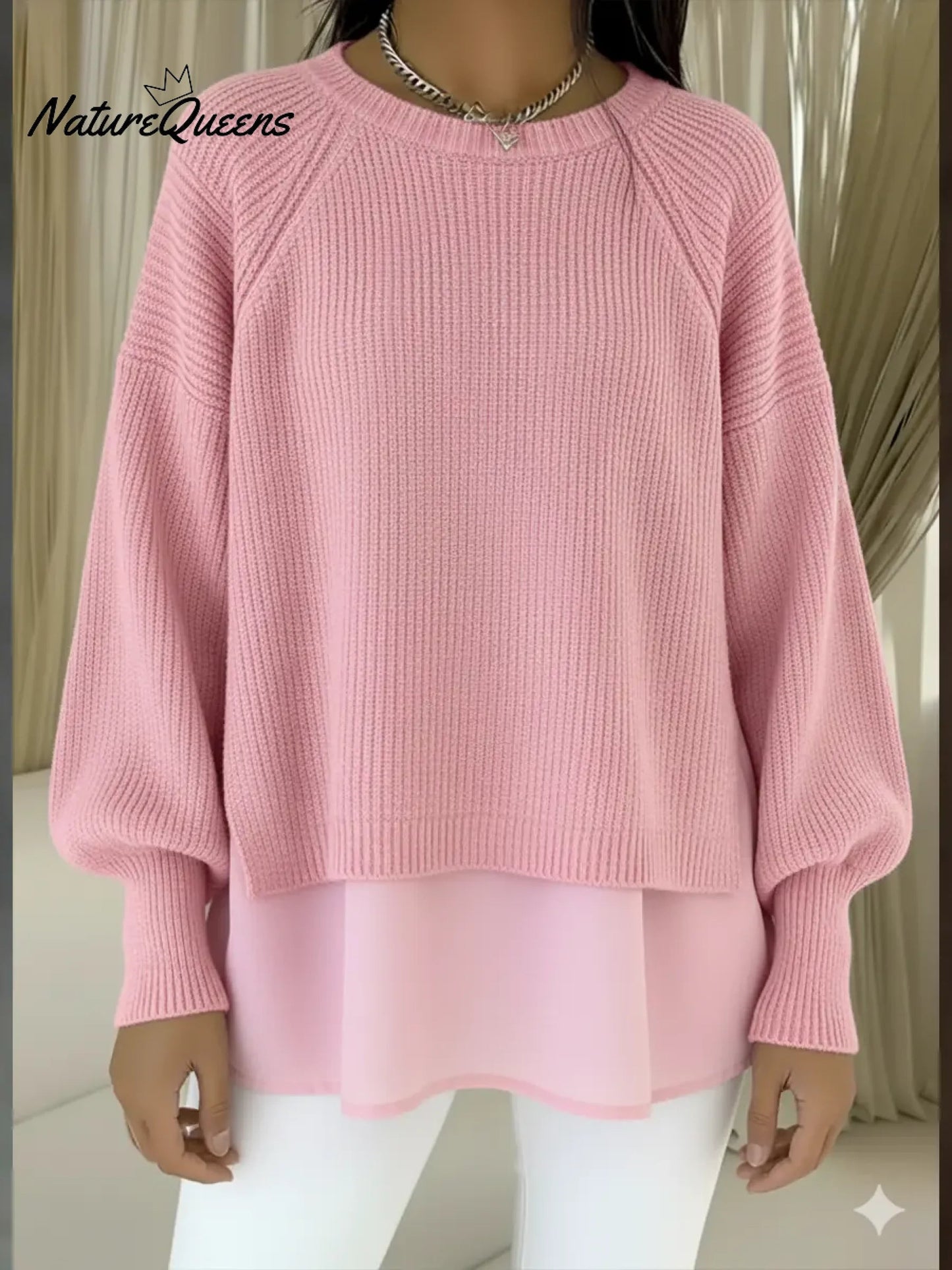 Women's Comfortable Patchwork Faux Two-piece Lantern Sleeve Sweater