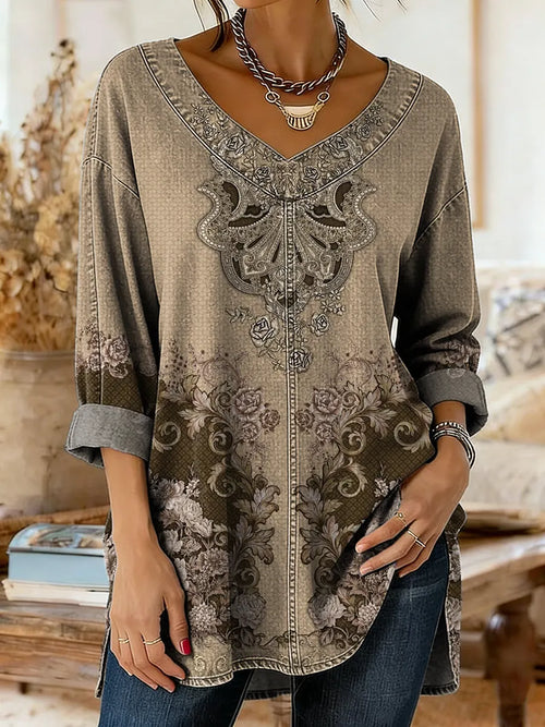 Women's Denim-colored Patchwork Pattern Art Print Casual Washed Denim Cotton Shirt