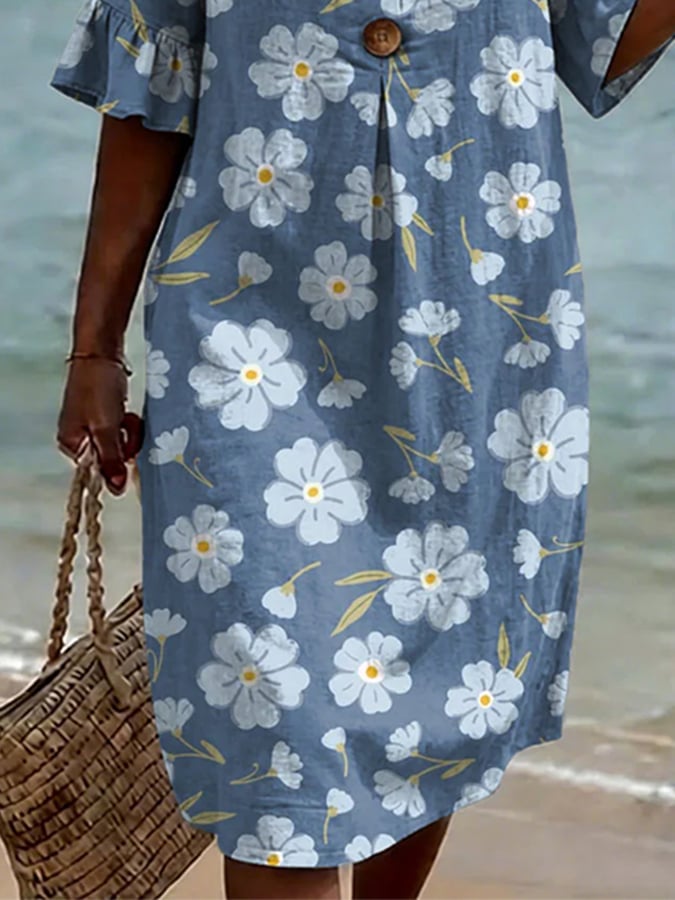 Women's Casual V-Neck Printed Cotton-Linen Dress