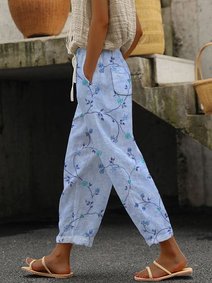 Women's Casual Vintage Floral Cotton and Linen Pants (With Pockets)