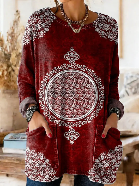 Women's Vintage Ethnic Red Totem Art Print Casual Round Neck Pocket Denim Shirt
