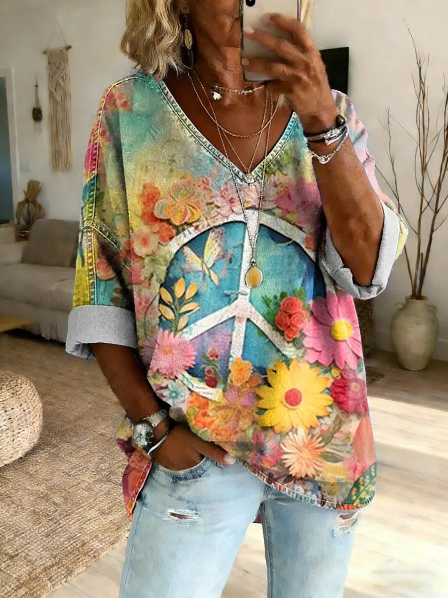 Women's Hippie Floral Print Cotton Denim V-neck Top