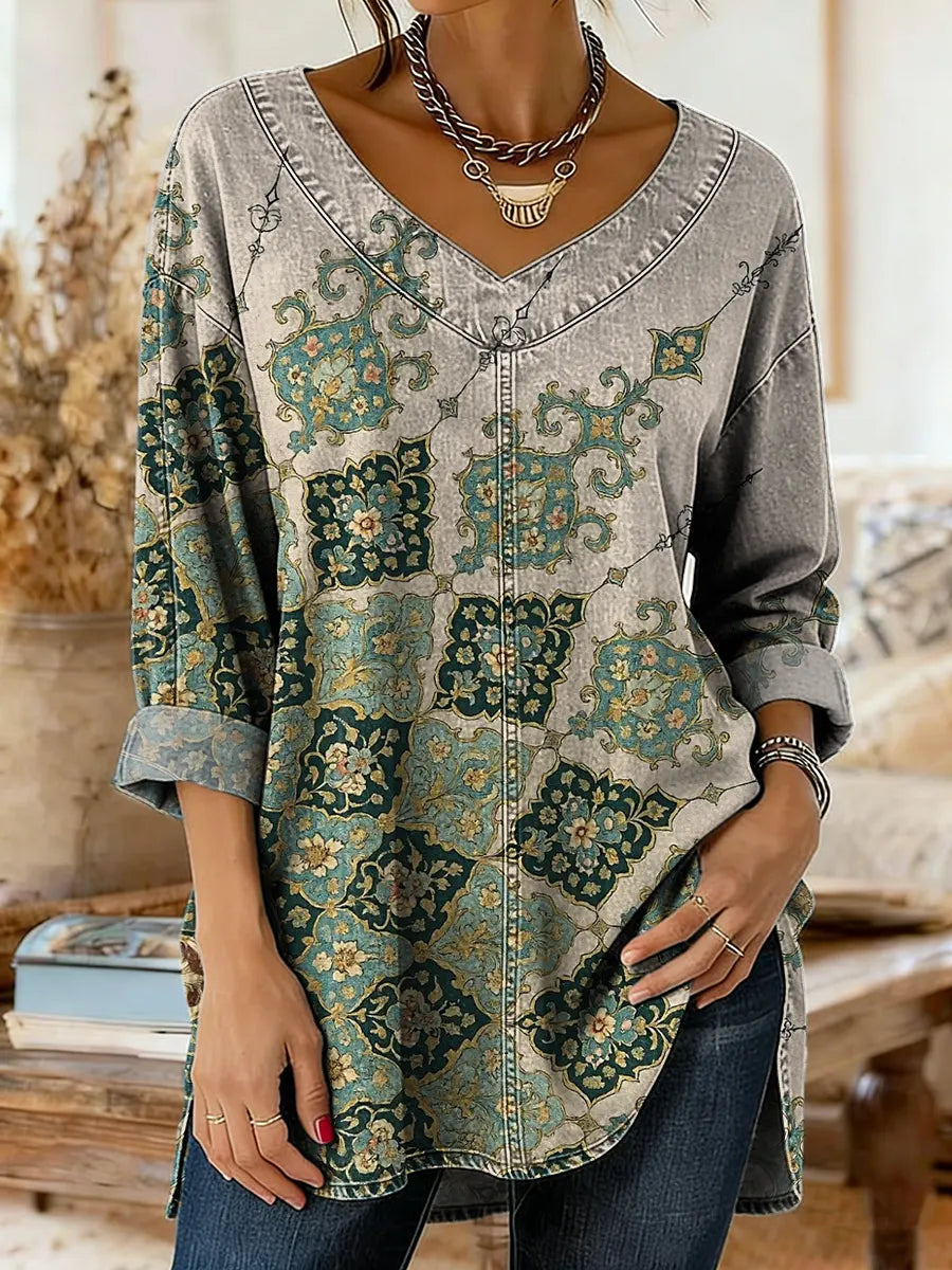 Women's Vintage Floral Print Artistic Washed Denim Cotton Shirt