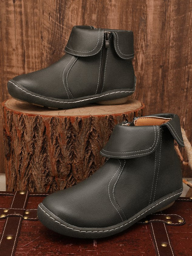 Women Hemmed Zip Casual Plain Round Toe Short Boots With Flat Heel
