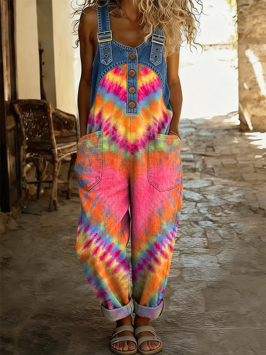 Women's Retro Colorful Heart Tie-dye Art Print Casual Denim Patchwork Jumpsuit