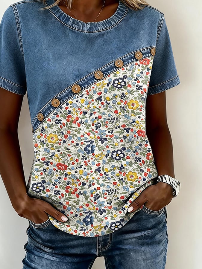 Women's Casual Color-Blocked Print Denim Patchwork Top