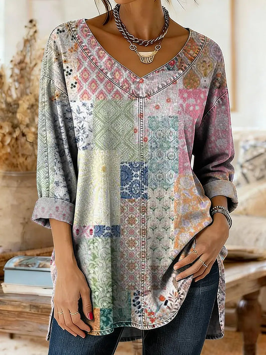 Women's Vintage Floral Print Artistic Washed Denim Cotton Shirt