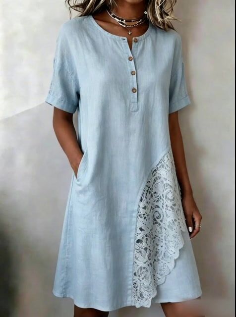 Women'S Casual Solid-Color Dress With Lace Splicing