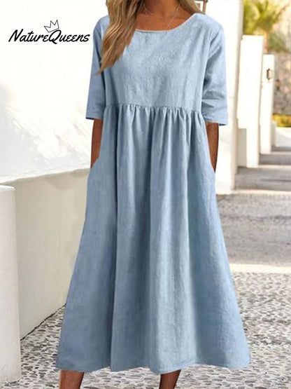 5-quarter Sleeve Casual Loose Solid Color Cotton and Linen Dress