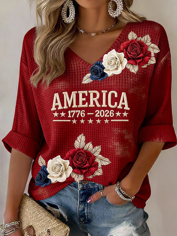 Ladies' American Flag Printed Casual Long Sleeve V-neck T-shirt
