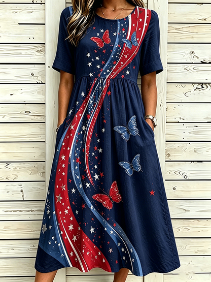 Women's National Flag Floral Print Cotton Linen Short-Sleeved Dress