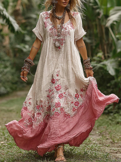 Women's Vintage Bohemian Floral Pattern Round Neck Long Dress