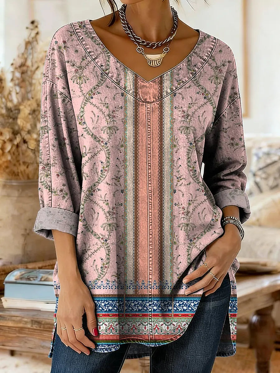 Women's Denim-colored Patchwork Pattern Art Print Casual Washed Denim Cotton Shirt