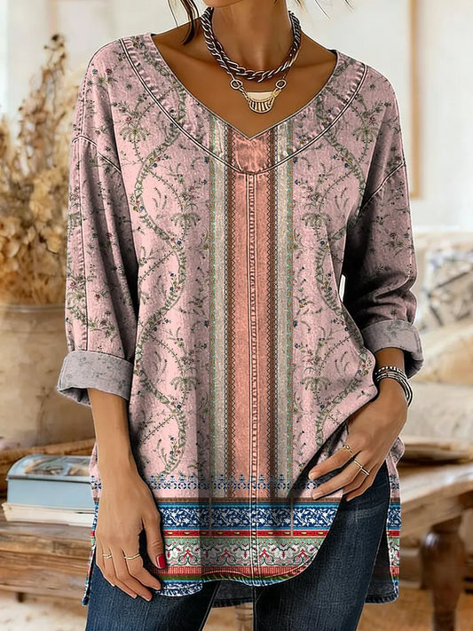 Women's Denim-colored Patchwork Pattern Art Print Casual Washed Denim Cotton Shirt