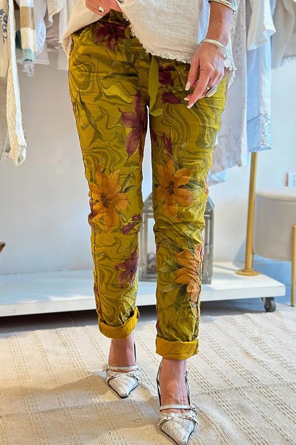 Women'S Floral Print Elastic Waist Casual Pocket Pants  (With Pockets)