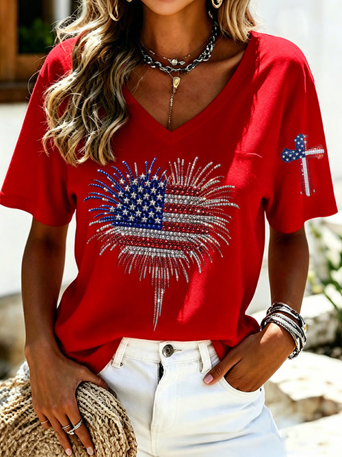 Women'S America Flag Print Casual V-Neck T-Shirt
